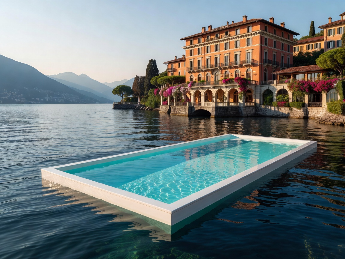 Floating swimming pool resting atop the deep waters of Lake Como at Grand Hotel Tremezzo