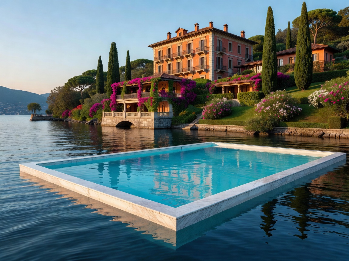 Floating swimming pool resting on Lake Como at Grand Hotel Tremezzo