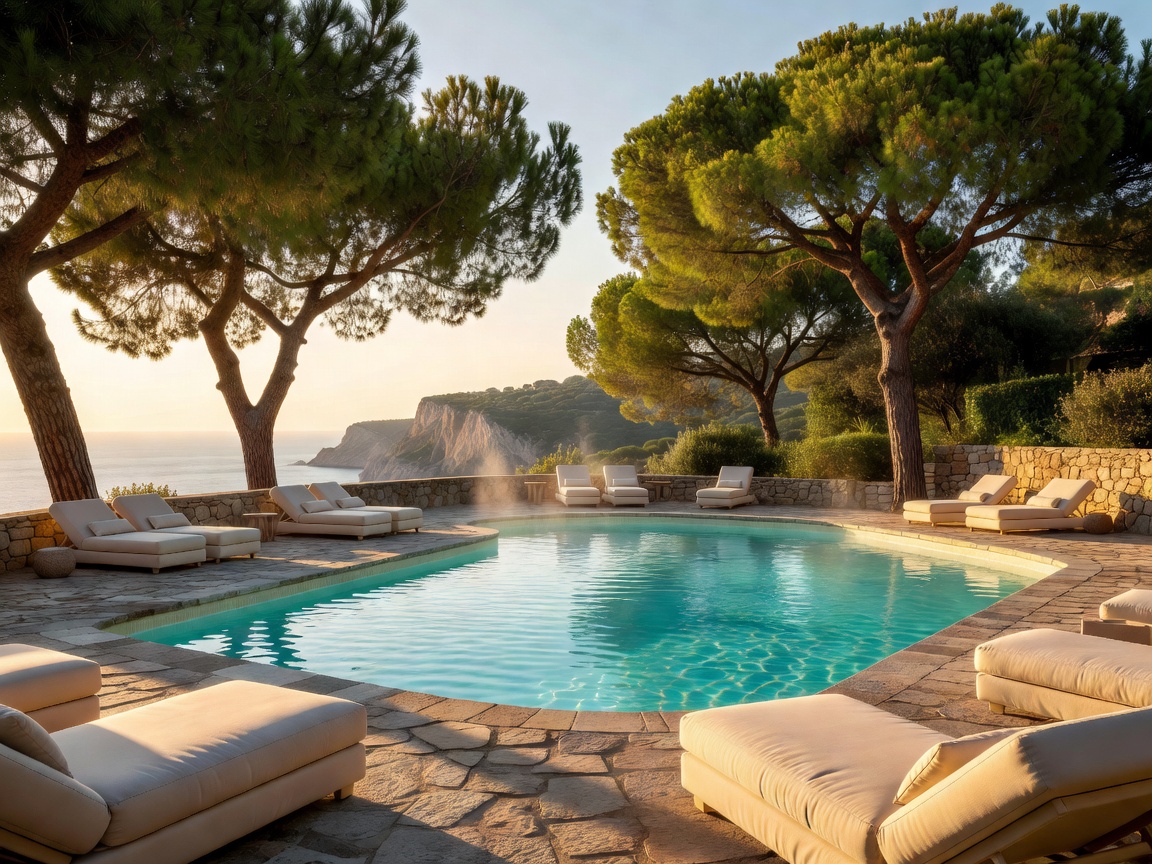 Heated saltwater pool terrace framed by Tuscan pine trees at Hotel Il Pellicano