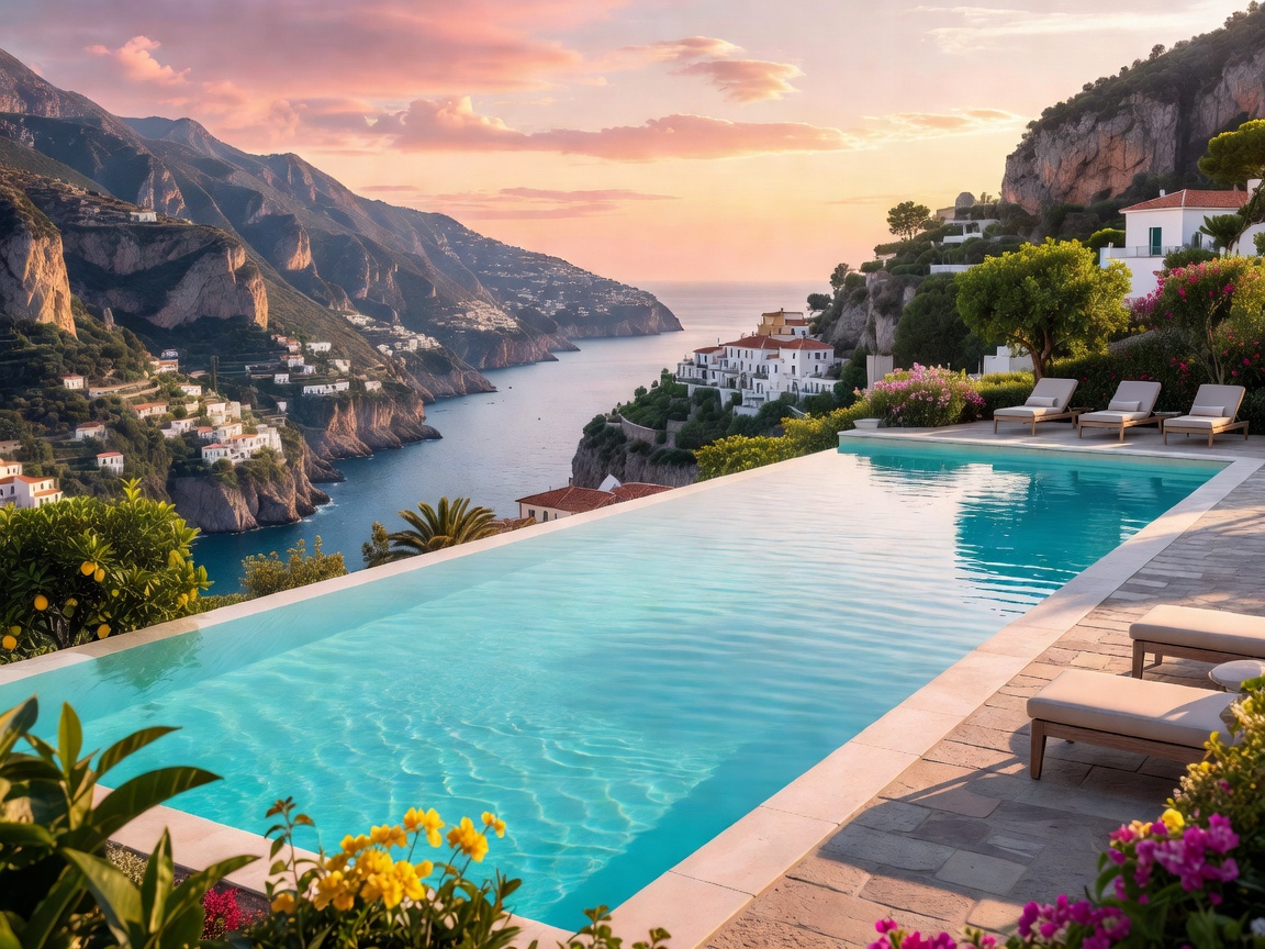 Infinity pool at Belmond Hotel Caruso in Ravello overlooking the Amalfi coastline