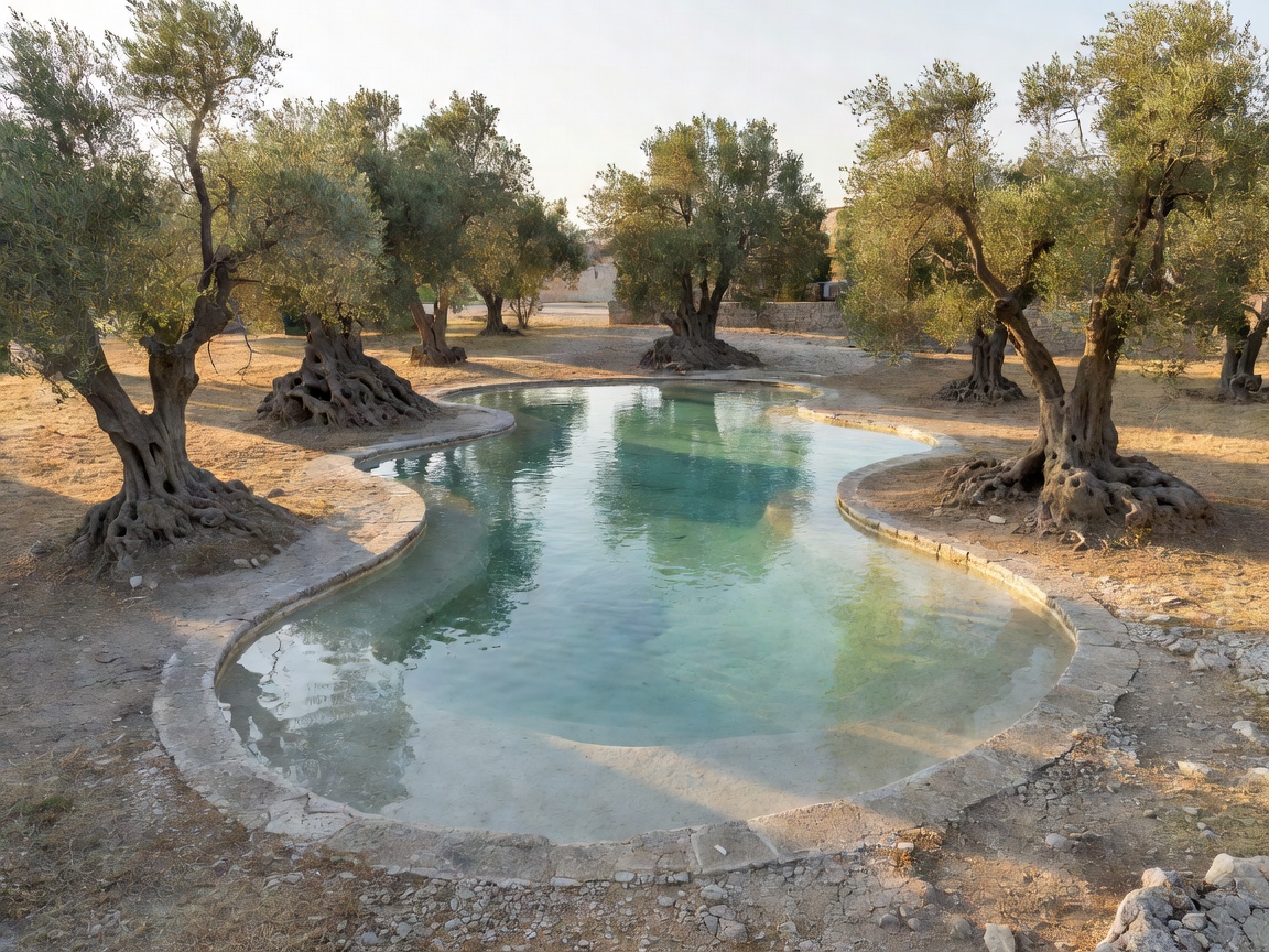 Irregular saltwater lagoon pool surrounded by ancient olive trees at Masseria San Domenico