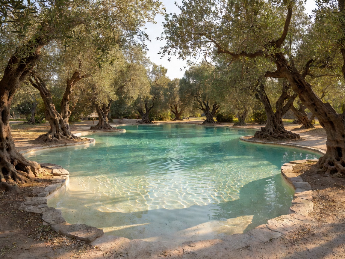Massive free-form saltwater lagoon pool surrounded by ancient olive trees at Masseria San Domenico