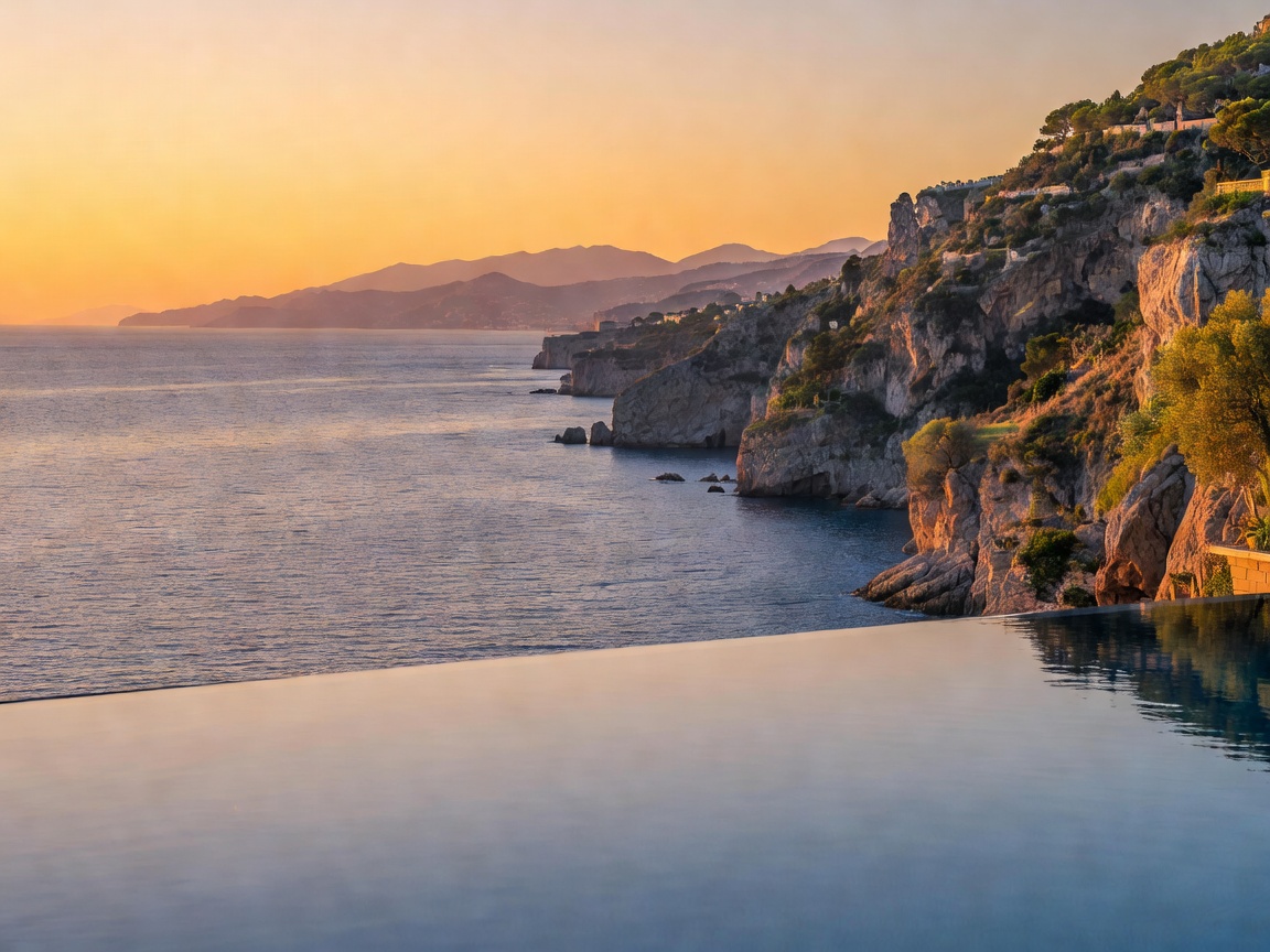 Panoramic view from the infinity pool at Belmond Hotel Caruso over the Gulf of Salerno