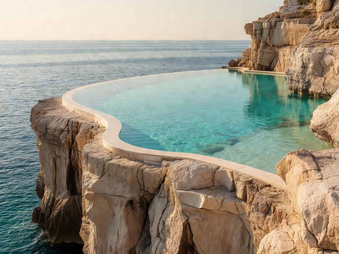 Sea-level saltwater pool built into vertical limestone at Hotel Santa Caterina